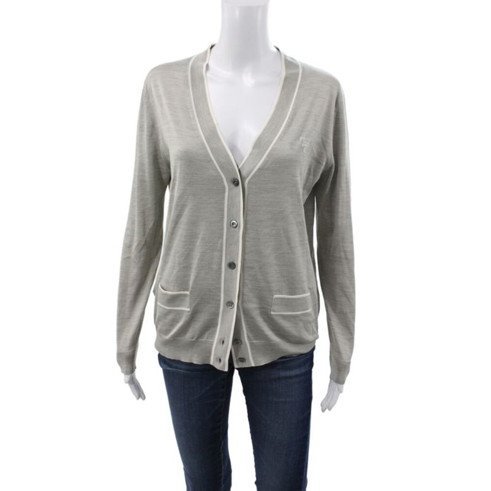 Prada Unisex Silk Cardigan Gray V Neck Button Long Sleeve Size 40
